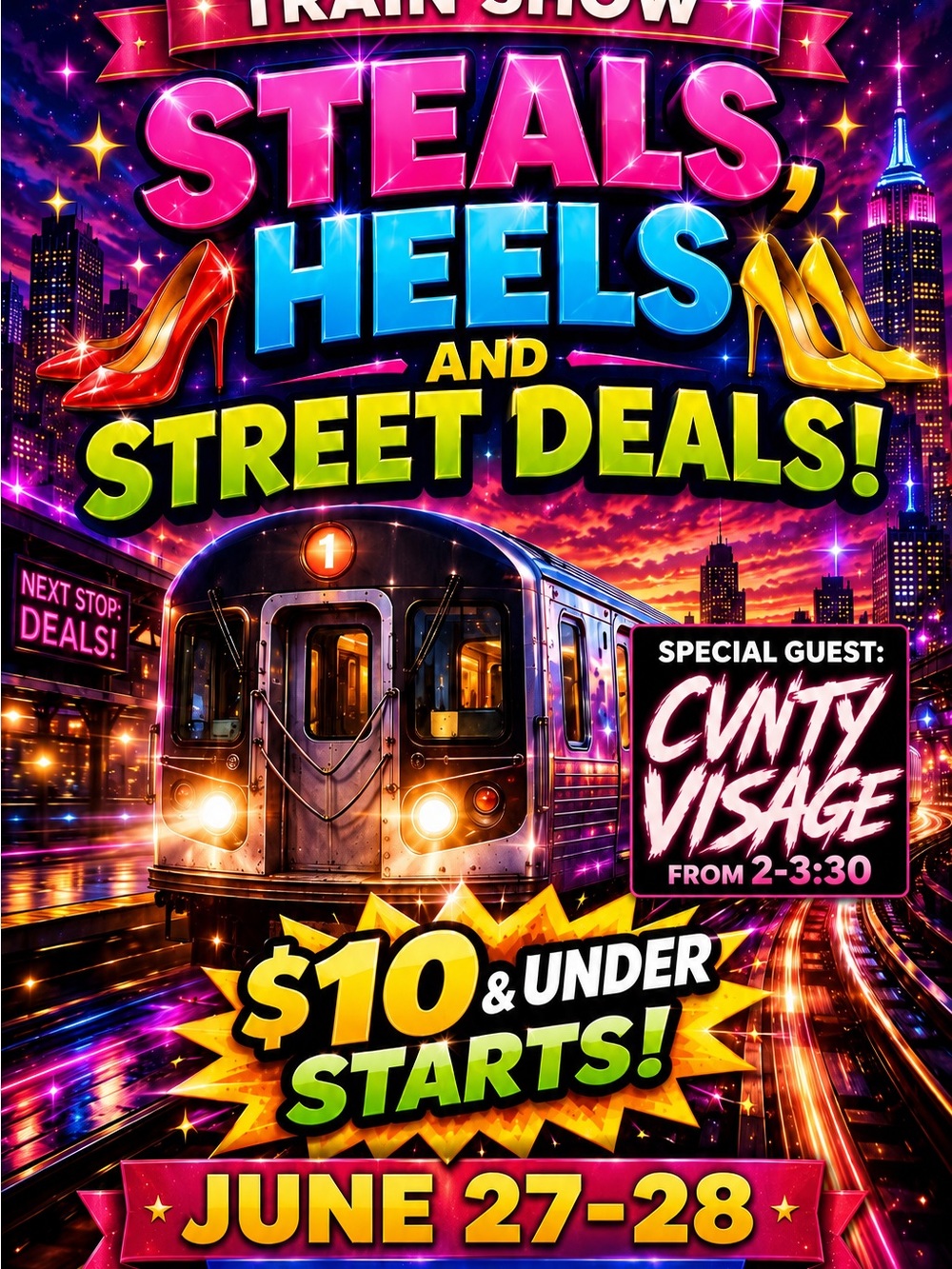 Steals, Heels and Street Deals Event Poster - Neon Pink, Blue & Yellow